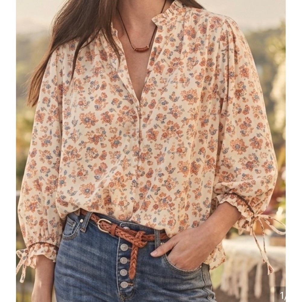 Sundance Womens Floral Ruffle Neck Blouse Orange Cotton Tie Cuff Small Top